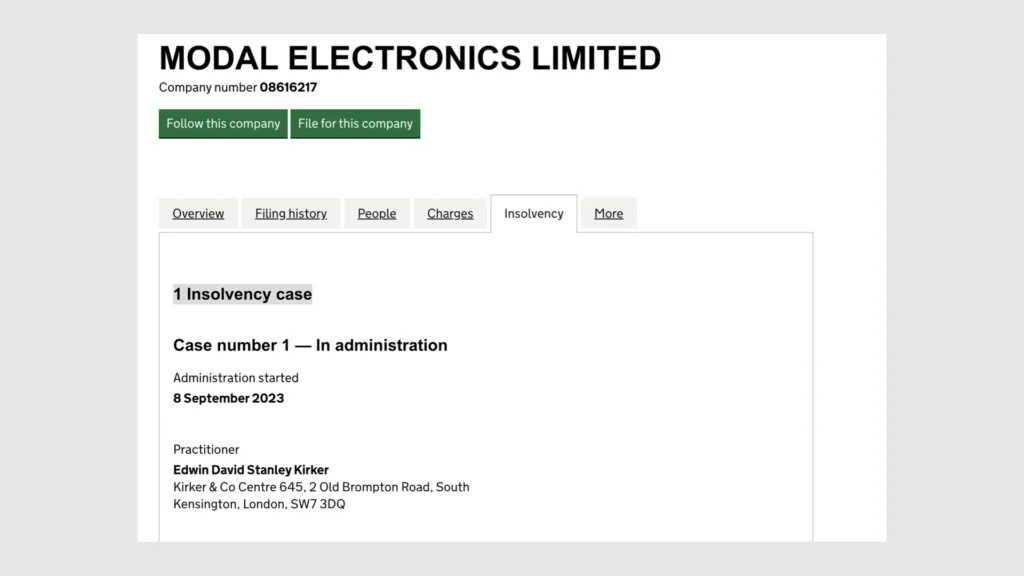 Modal Electronics Insolvent